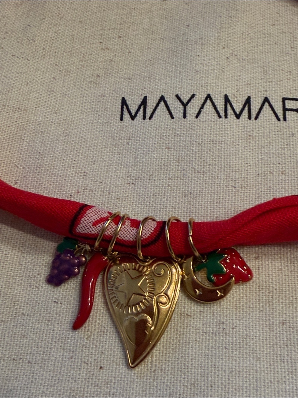 Mayamar BOHO Red Bandana Charm Necklace with 24KT dipped Gold Heart Pendant - Picture 2 of 4